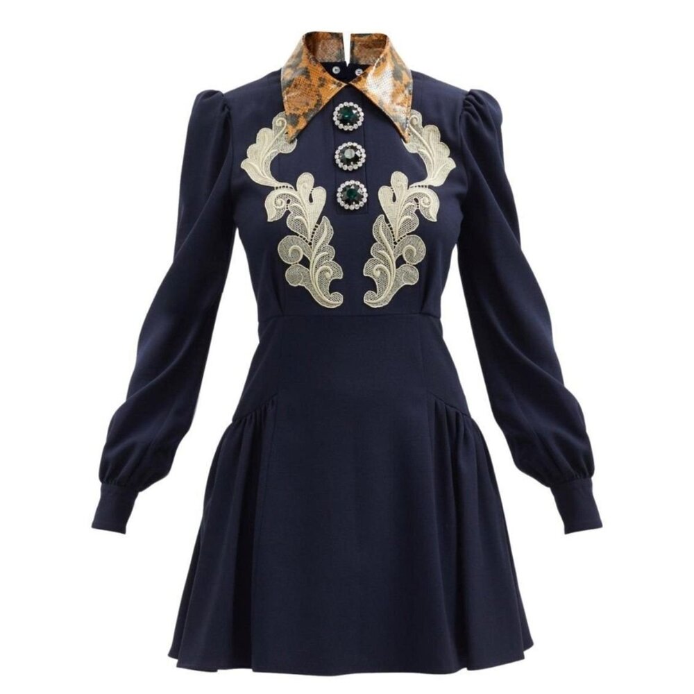 Alessandra Rich - Wool Crepe Mini Dress With Python Print Collar - IT 40